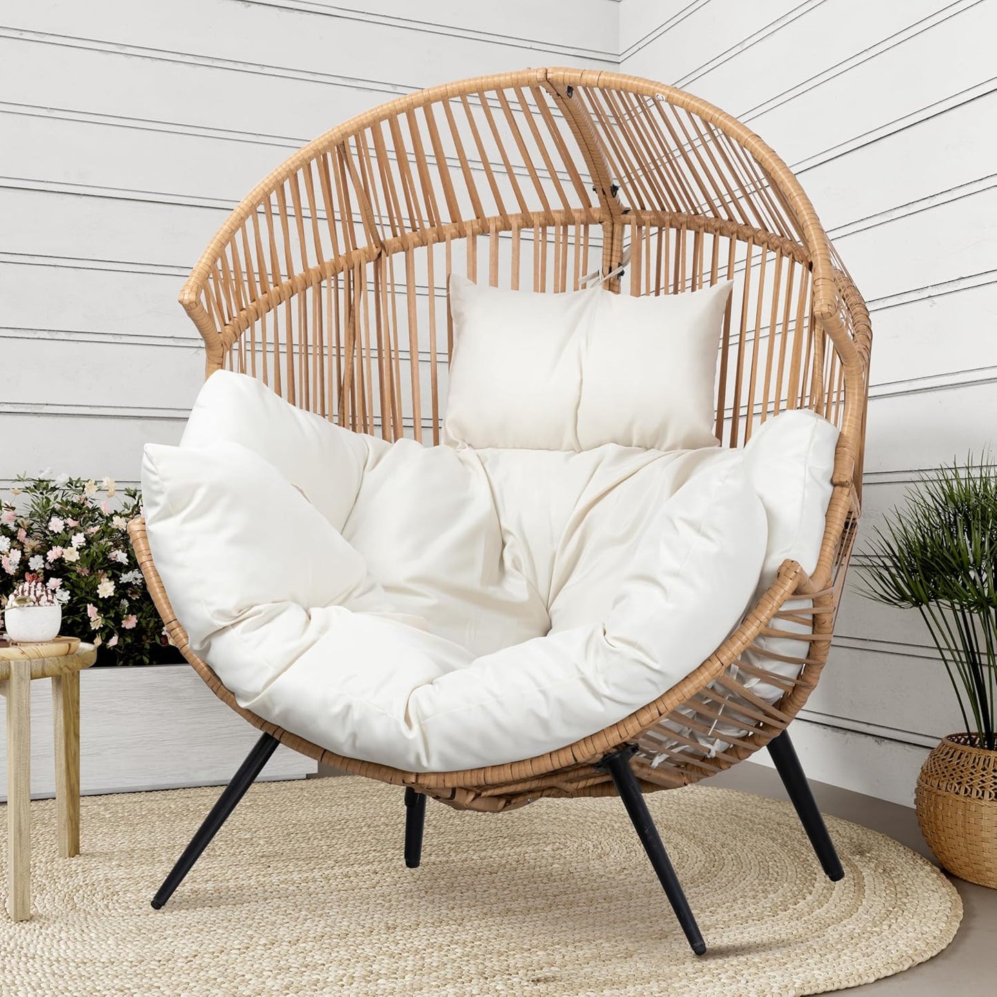 Shintenchi Wicker Egg Chair Outdoor Rattan Patio Chair with Cushion,Oversized Patio Lounge Chairs with Cushion Egg Basket Chair, Egg Seat for Indoor Living Room Bedroom Outside Patio Backyard Balcony