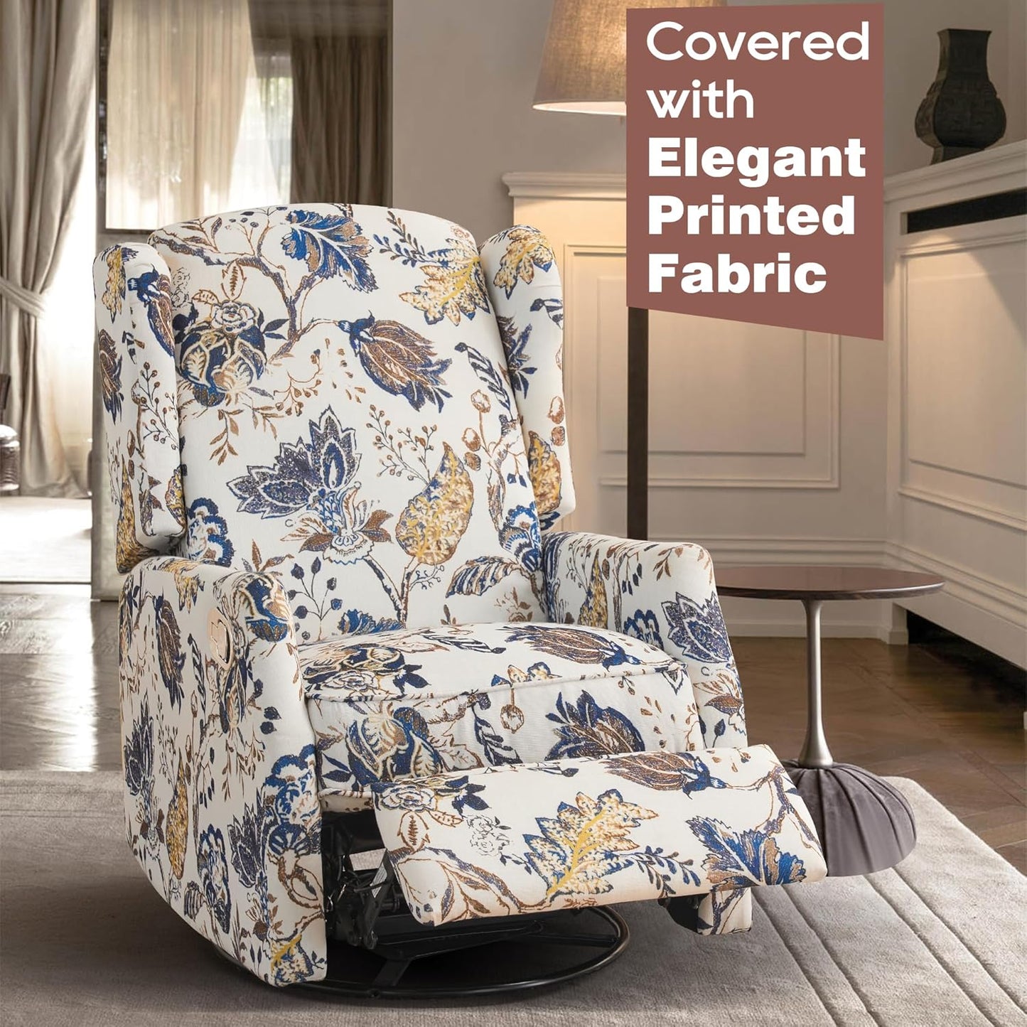 Swivel Rocker Recliner - Printed Modern Wingback Chair for Living Room, Nursery With Adjustable Backrest & Footrest, 360 Degree Swivel, Rocking, Blue Floral