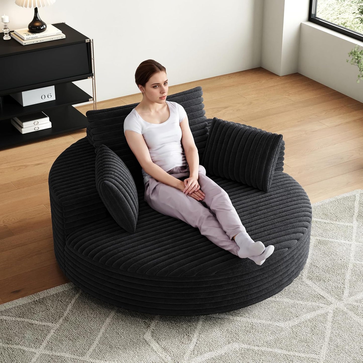 TTK 55” Oversized Corduroy Swivel Chair, Fluffy 360° Rotating Sleeper Armchair with Pillows & Headrest, Full Foam Barrel Chair for Living Room, Bedroom, Reading Nook, Lounge or Apartment,Gray
