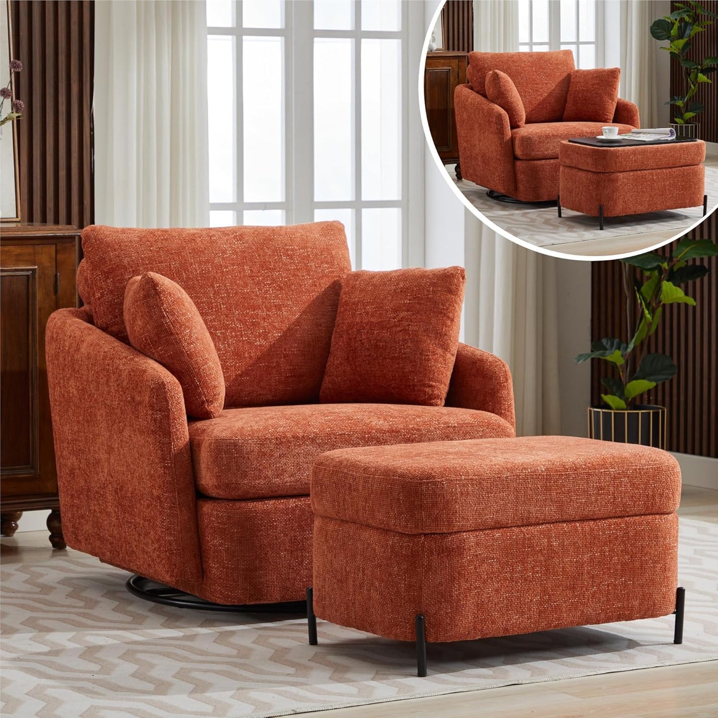 Chifee & Vingol 40.6" Oversized Swivel Accent Chair,Chenille,Orange