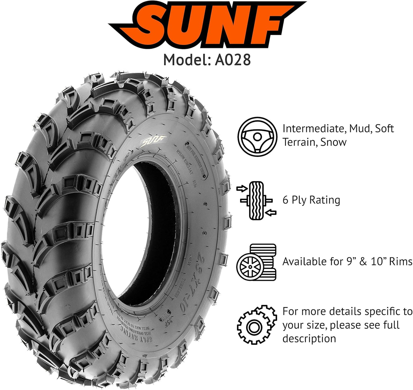 SunF 22x12-9 ATV UTV Tire 22x12x9 Mud Tubeless 6 PR A028-1 - PAIR of 2