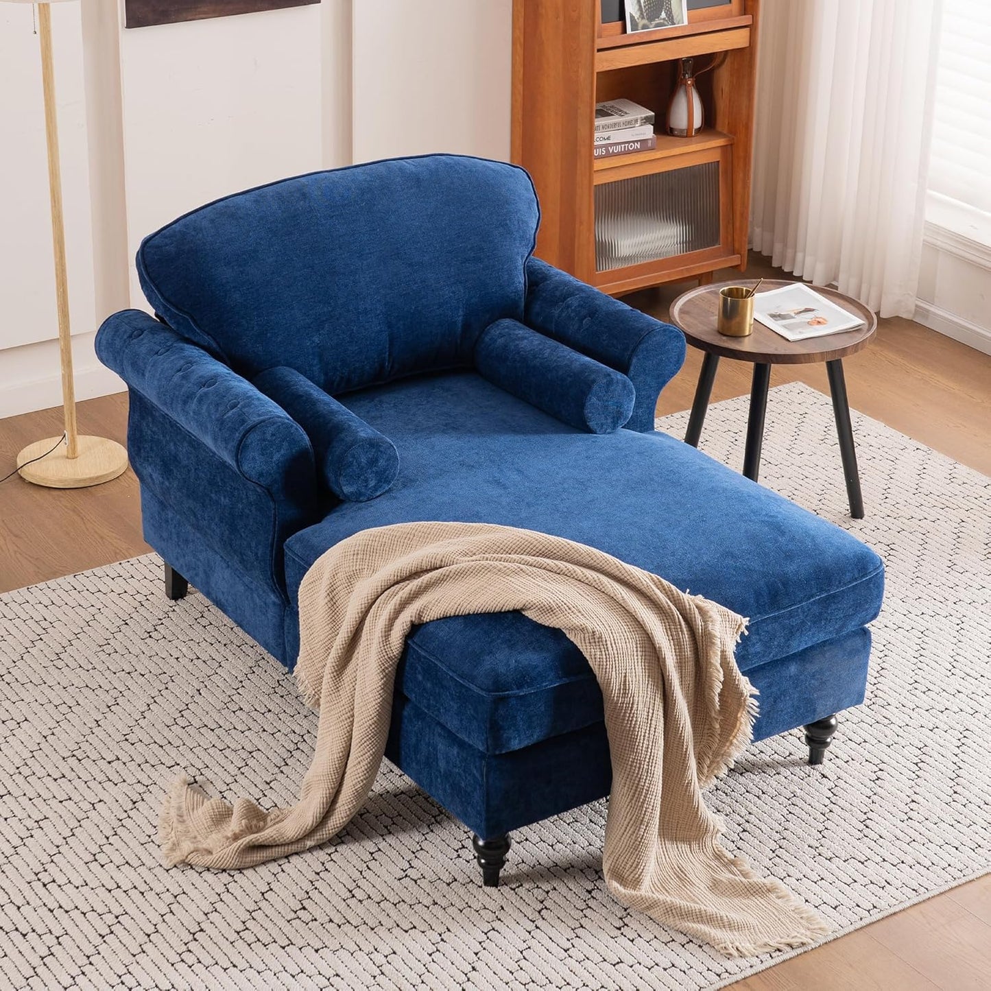 59.3" D Reclining Lounge Chair,Oversized Chenille Upholstered Sleeper Couch Chair with 2 Rolled Pillows,Mid-Century Modern Single Chaise Sofa for Living Room Bedroom Office(Beige, 1 Seat)