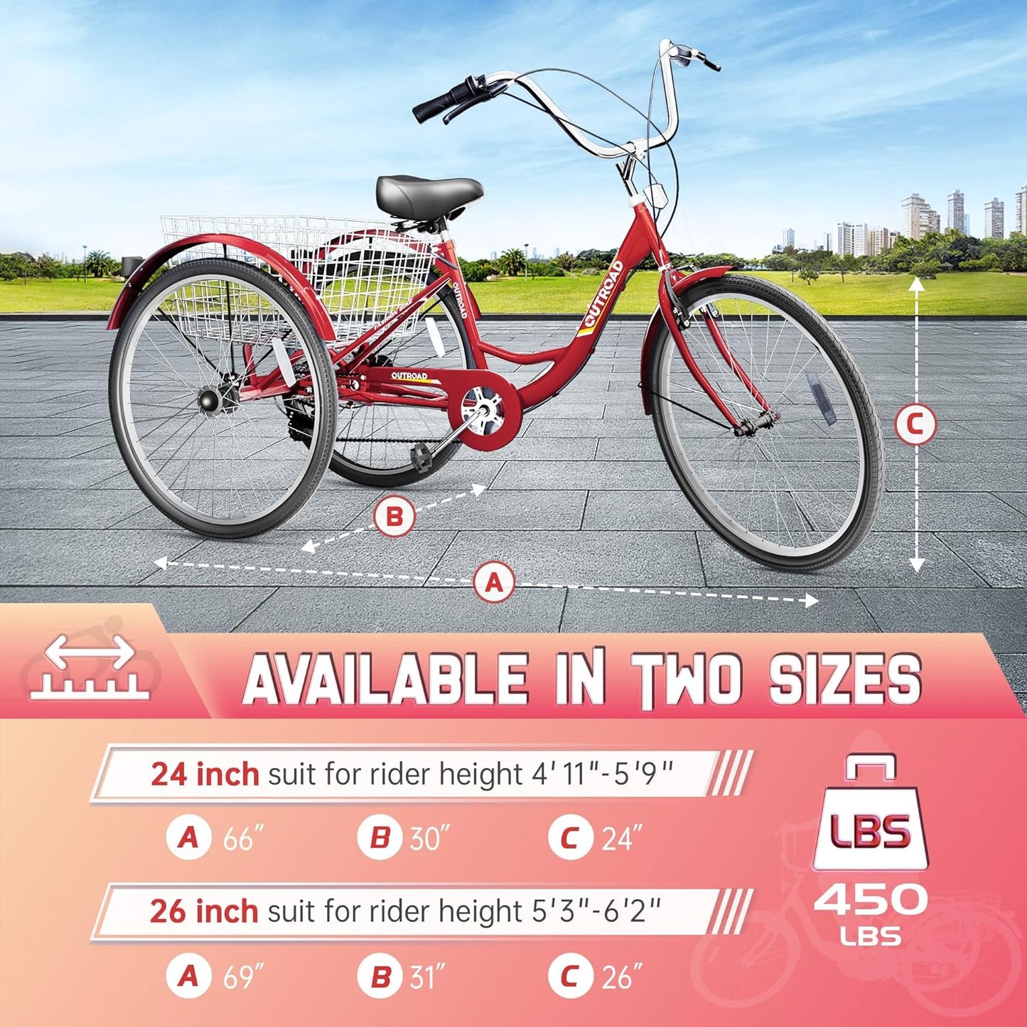 Adult Tricycle, 24/26 inch 7 Speed Cruiser Trike, 3 Wheel Bikes with Large Basket for Women and Men, Adult Trikes for Shopping Picnic Outdoor Sports (24 Red)