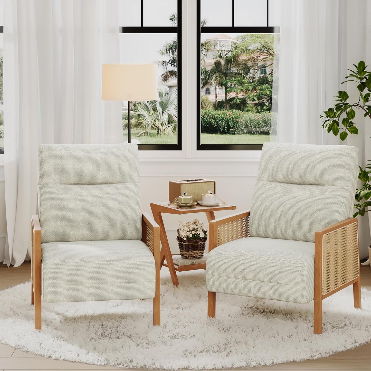 Alunaune Upholstered Natural Rattan Living Room Chairs Accent Chair Armchair Set of 2, Modern Slipper Club Chair Guest Reception Couch Comfy Single Sofa for Reading Bedroom-Taupe
