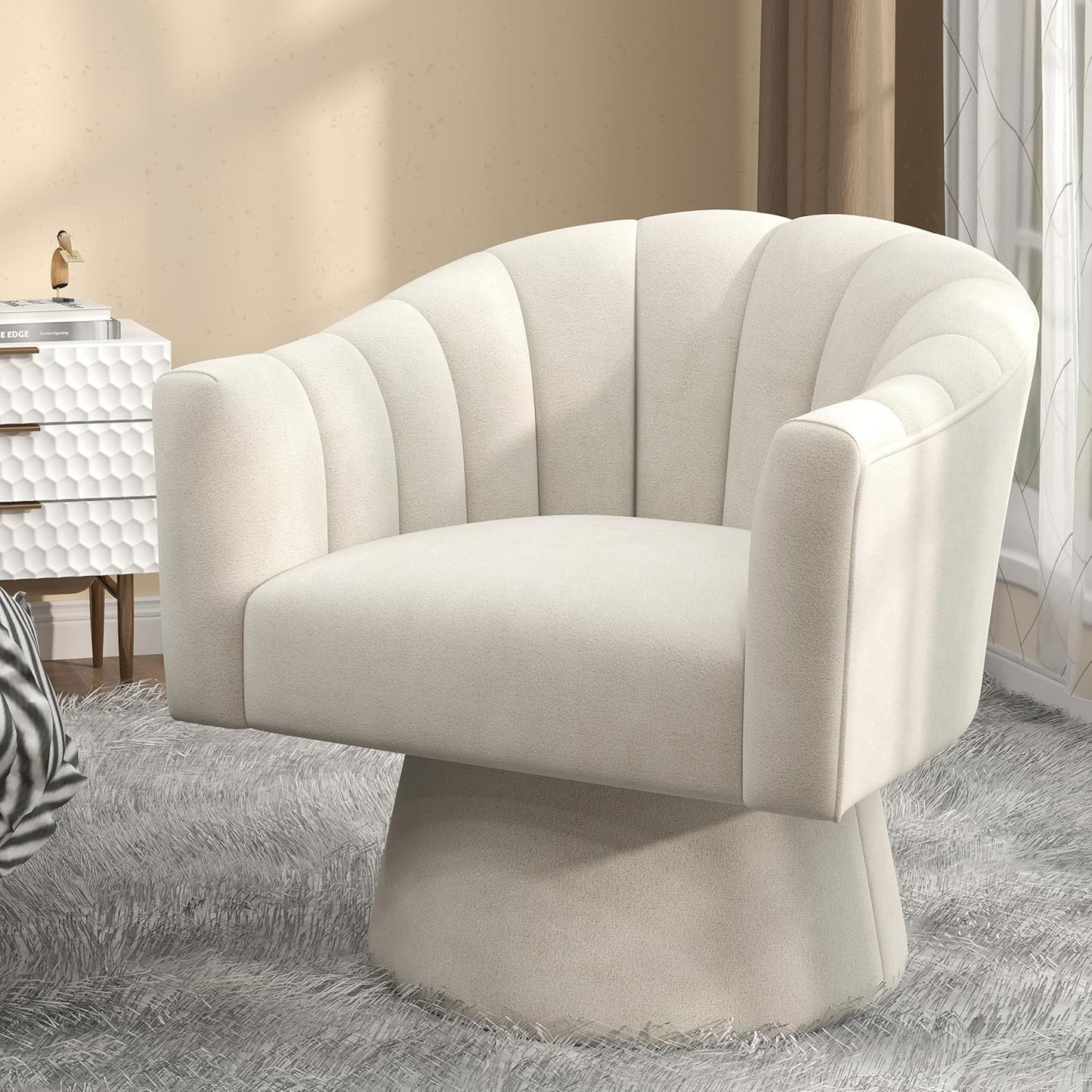Swivel Accent Chair,Upholstered Velvet 360° Swivel Barrel Chair for Living Room Overstuffed Bouncle Reading Chair Round Armchair for Bedroom,Vanity,Office(Pink)
