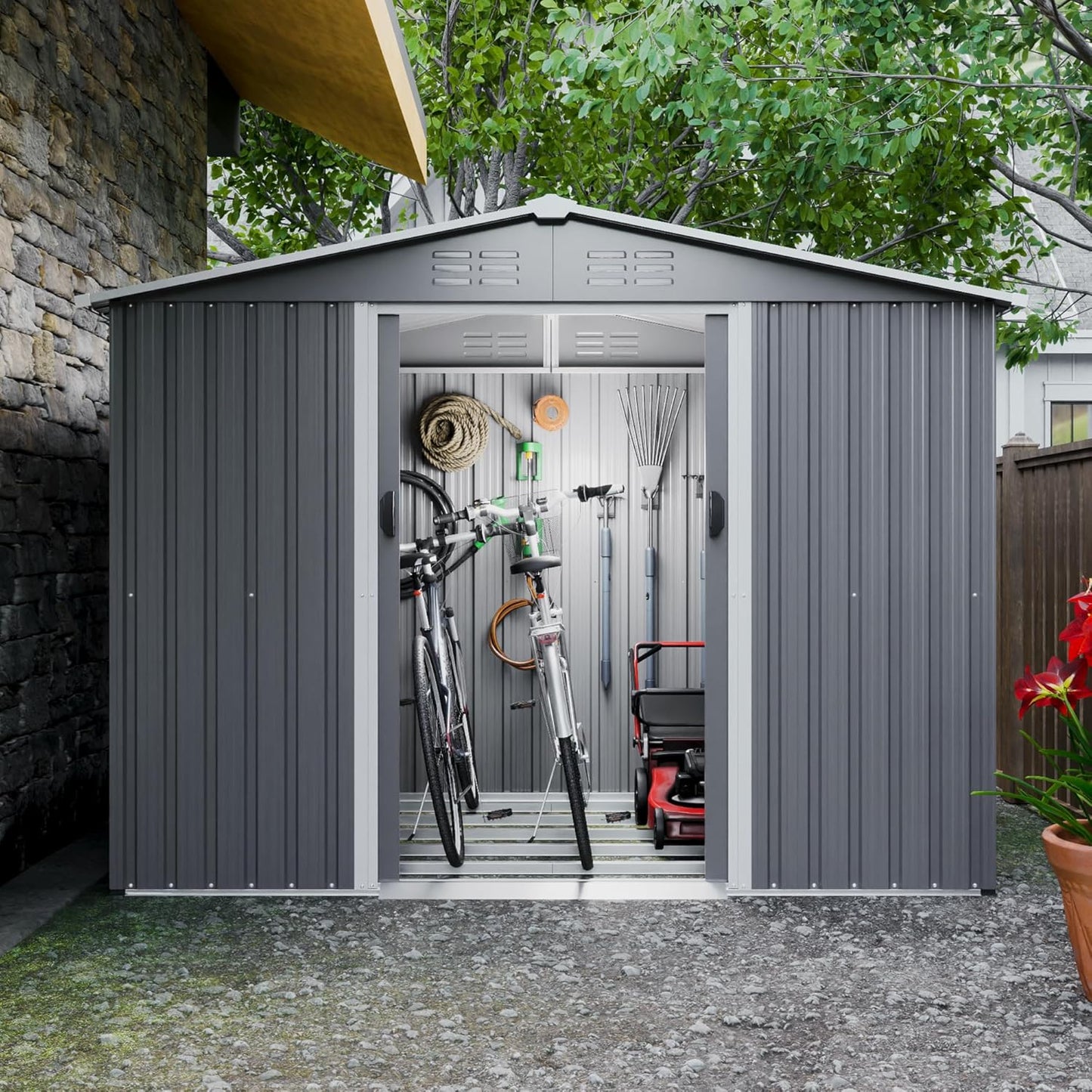 4×8 FT Outdoor Metal Storage Shed,Heavy-Duty Lean to Storage Shed with Floor Base,Garden Tool Metal Storage House W/Lockable Door and 2 Air Vents,Weather Resistant,for Backyard,Patio,Lawn,Black