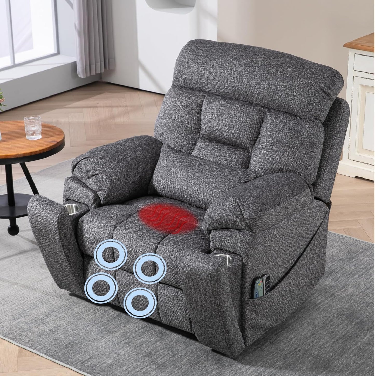 4-Motor Power Lift Chair with Heat & Massage - Power Adjustable Headrest, Backrest, Lumbar & Footrest - 27-inch Wide Seat Lay Flat Recliner, 8-Point Massage (Lumbar Heating)