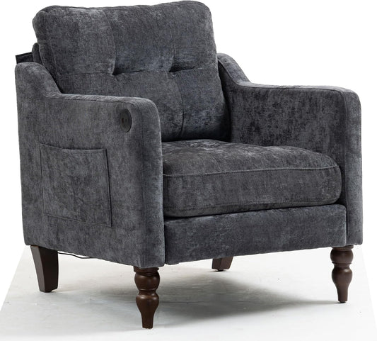 Ball & Cast Mid-Century Accent Chair for Living Room,Reading Chair for Bedroom with USB Ports&Side Pocket,Modern Accent Arm Chair W/Wide Backrest&Retro Wood Legs,Chenille Upholstered Comfy Chair,Gray