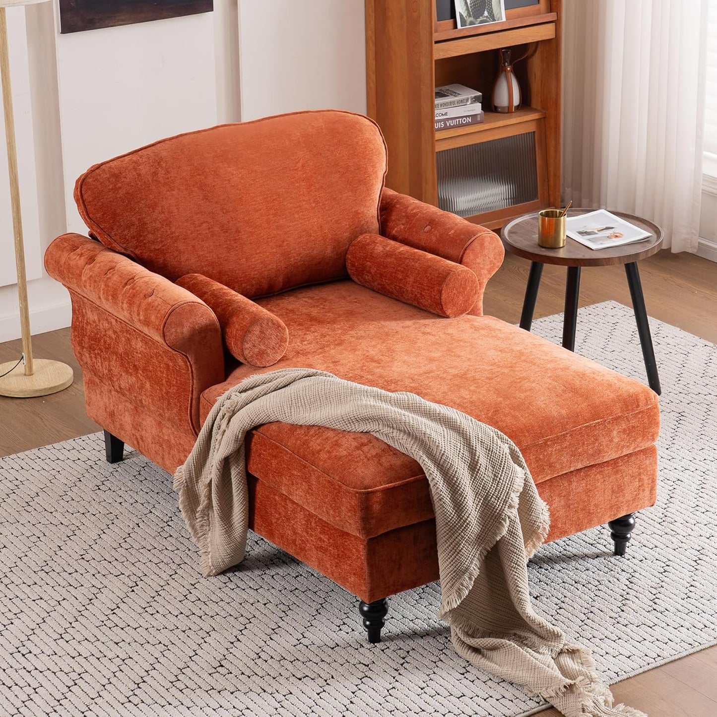 59.3" D Reclining Lounge Chair,Oversized Chenille Upholstered Sleeper Couch Chair with 2 Rolled Pillows,Mid-Century Modern Single Chaise Sofa for Living Room Bedroom Office(Beige, 1 Seat)
