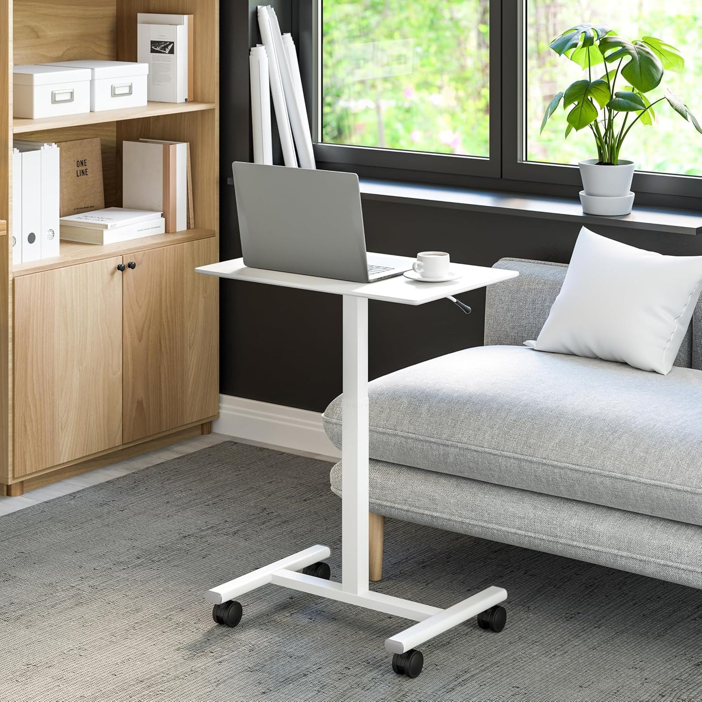 Seville Classics Airlift Height Adjustable Pneumatic Laptop Sit Stand Desk Mobile Rolling Cart, Computer Workstation for Home Office, Classroom, White, 25.6" Desktop