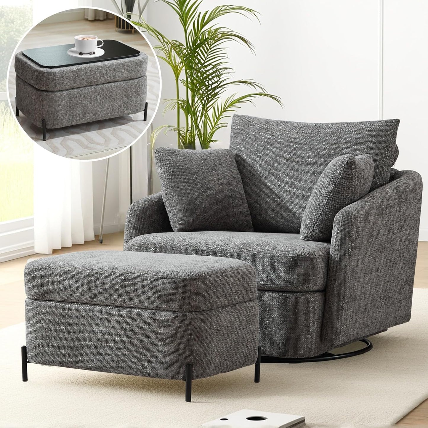 Sinzho & Wiyfun Oversized Swivel Accent Chair with Ottoman Upholstered Large Chenille Arm Chair with 3 Pillows for Living Room, Orange