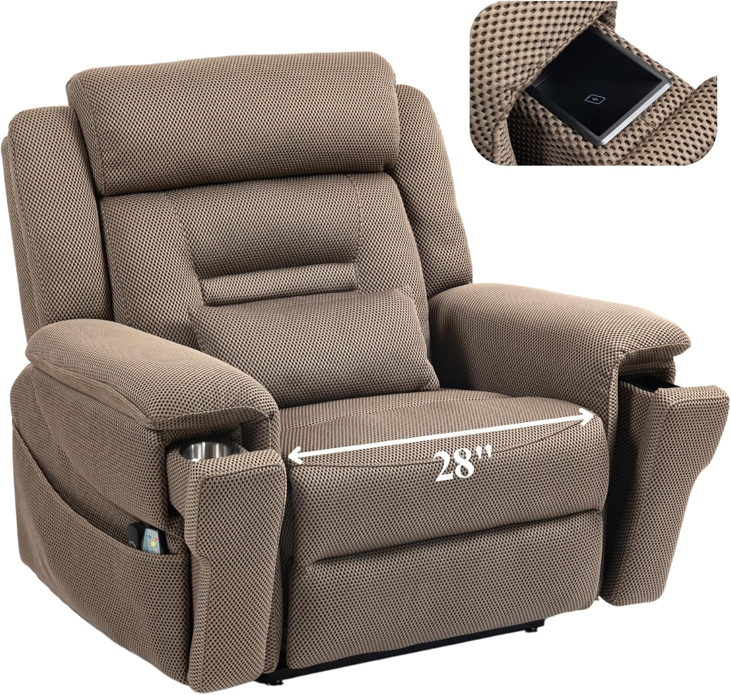 4-Motor Power Lift Chair with Heat & Massage - Power Adjustable Headrest, Backrest, Lumbar & Footrest - 27-inch Wide Seat Lay Flat Recliner, 8-Point Massage (Lumbar Heating)