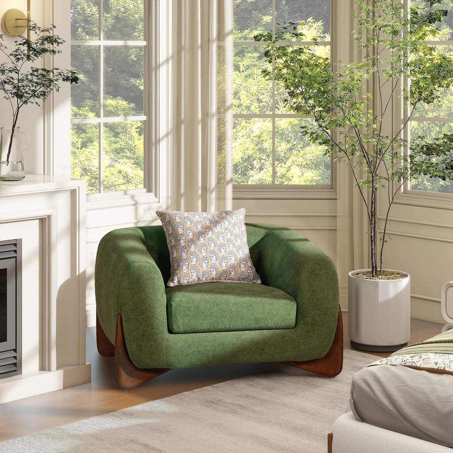 44" Oversized Reading Chair, Sherpa Accent Chair Bedroom, Comfy Upholstered Ivory White Fleeced Teddy Armchair, Seat cushion is removable, Modern Living Room Chair,Single Sofa Chair for Office (White)