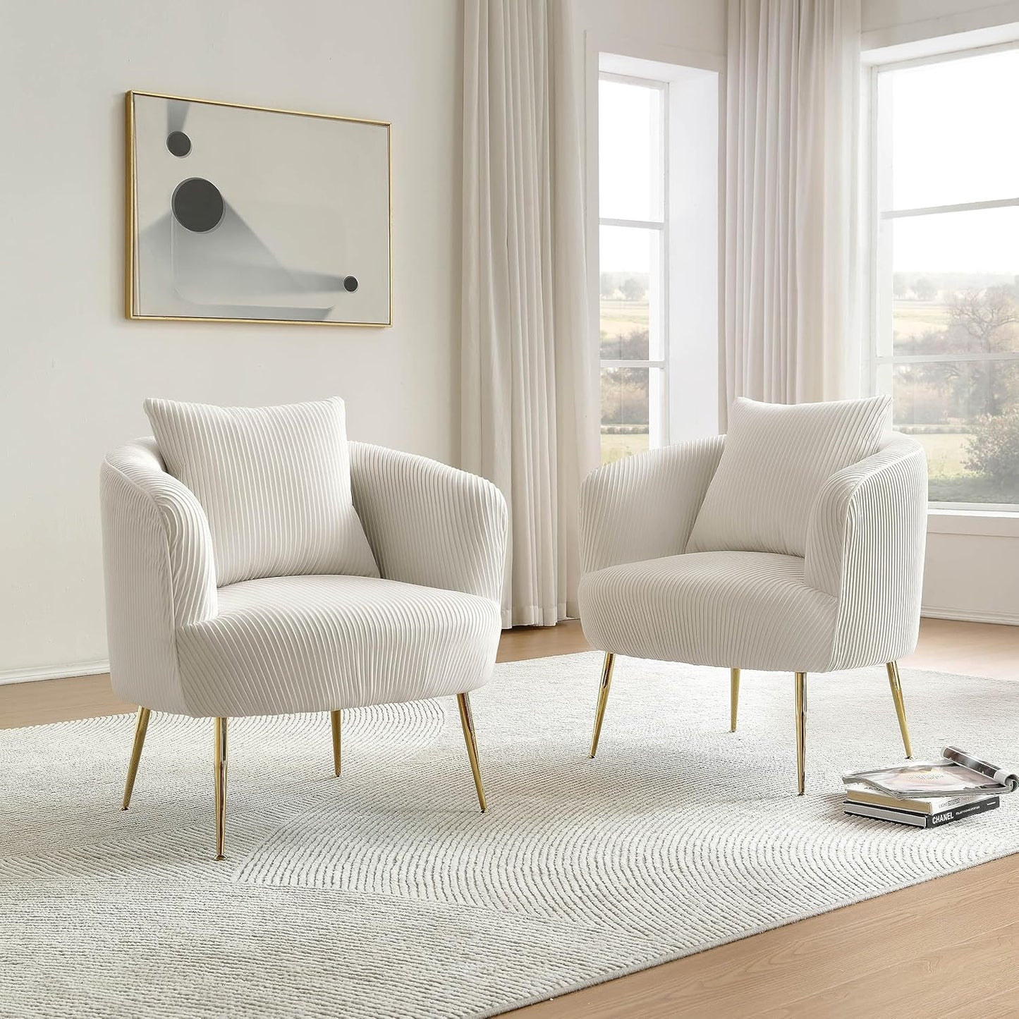 Art Leon Accent Chair Set of 2, Modern Velvet Upholstered Armchairs, Living Room Side Chairs Barrel Chairs with Golden Metal Legs, Off White