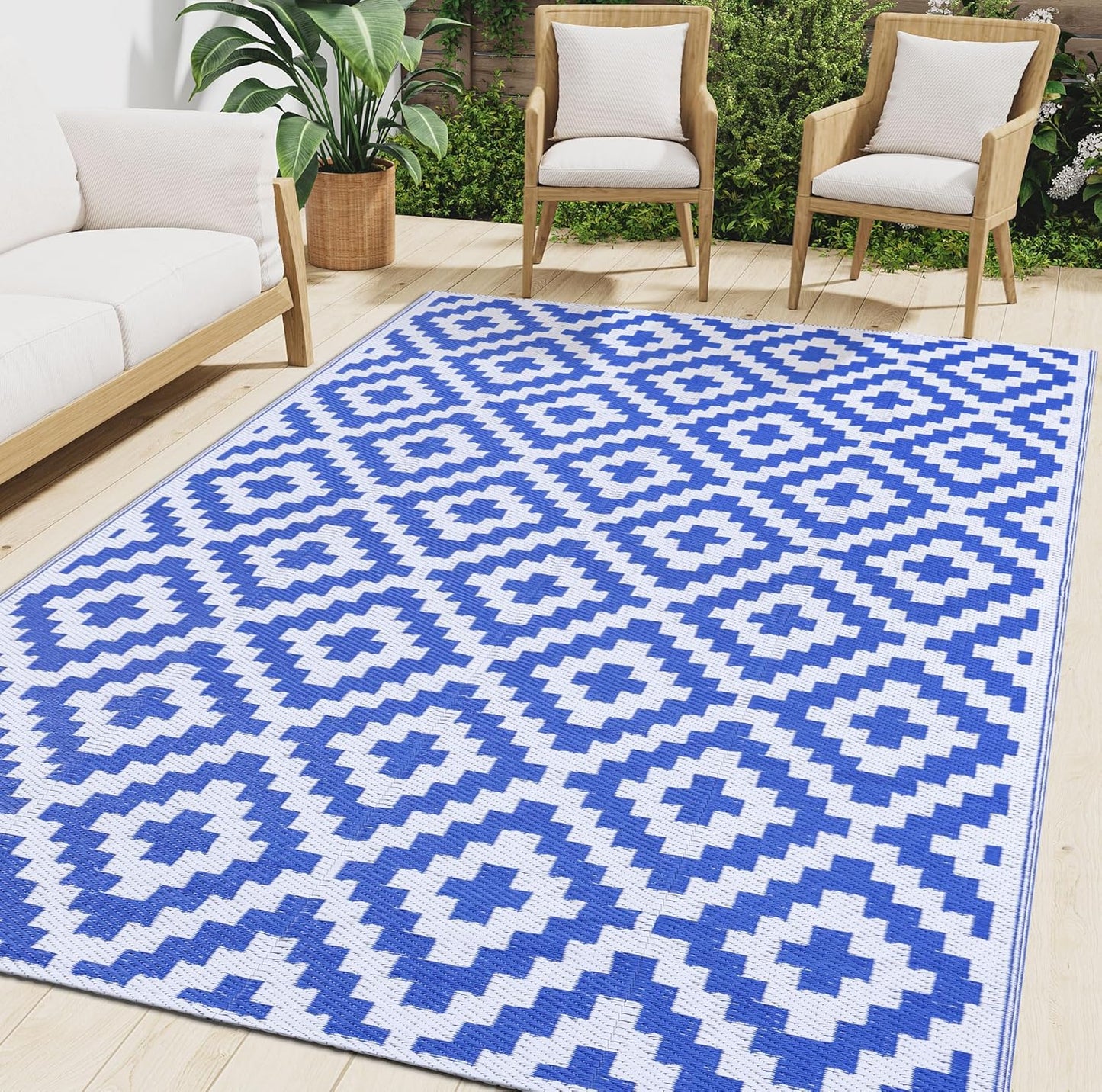Smiry Waterproof Outdoor Rug 5x8 ft, Reversible Plastic Straw Patio Camping Rugs, Outdoor Indoor RV Mat Carpet for Patio, Outside Entry, Backyard, Deck, Bench, Picnic, Camper, Black & Beige