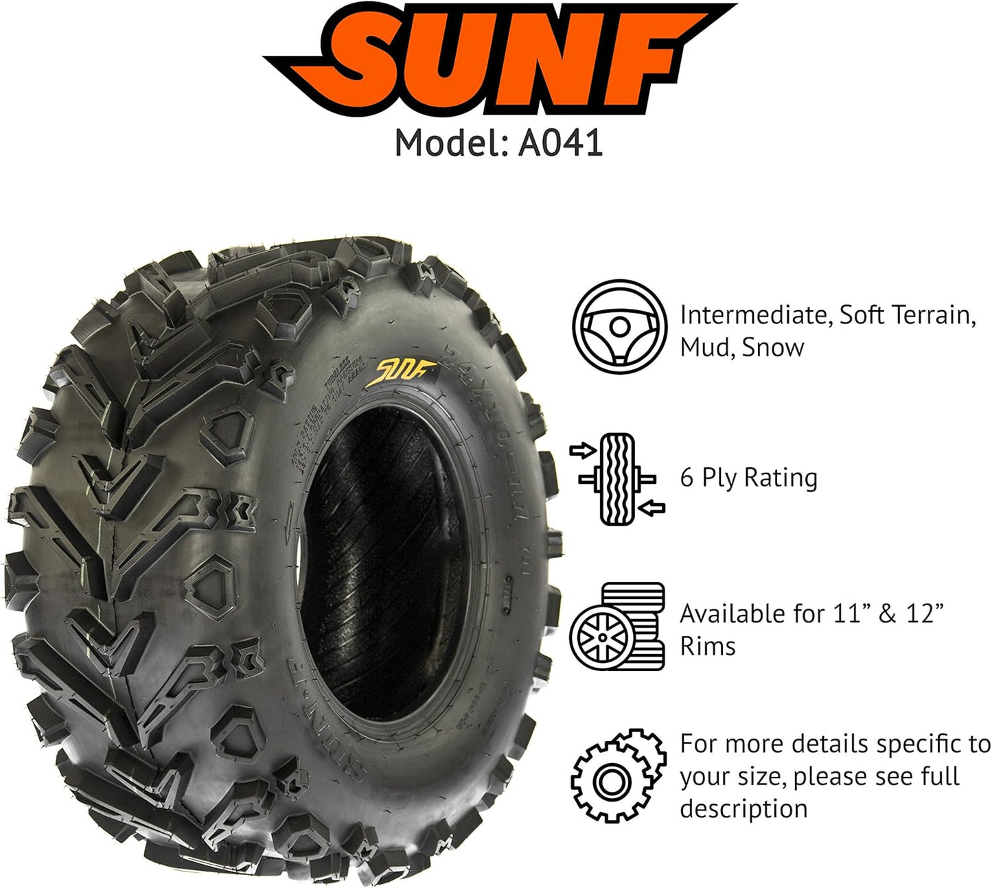 SunF 24x10-12 ATV UTV Muddy Tire 24x10x12 Mud Hardpack 6 PR A041 - PAIR of 2