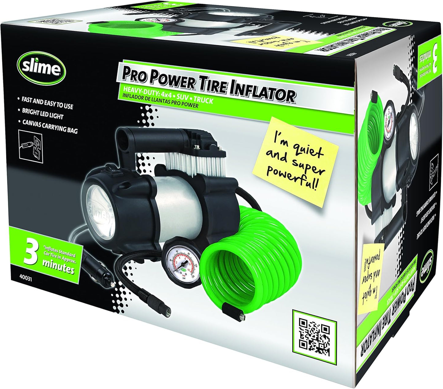 Slime 40031 Tire Inflator, Portable Car, SUV, 4x4 Air Compressor, Pro Power, Heavy Duty, with Analog 150 psi Dial Gauge, Long Hose and LED Light, 12V, 3 min inflation