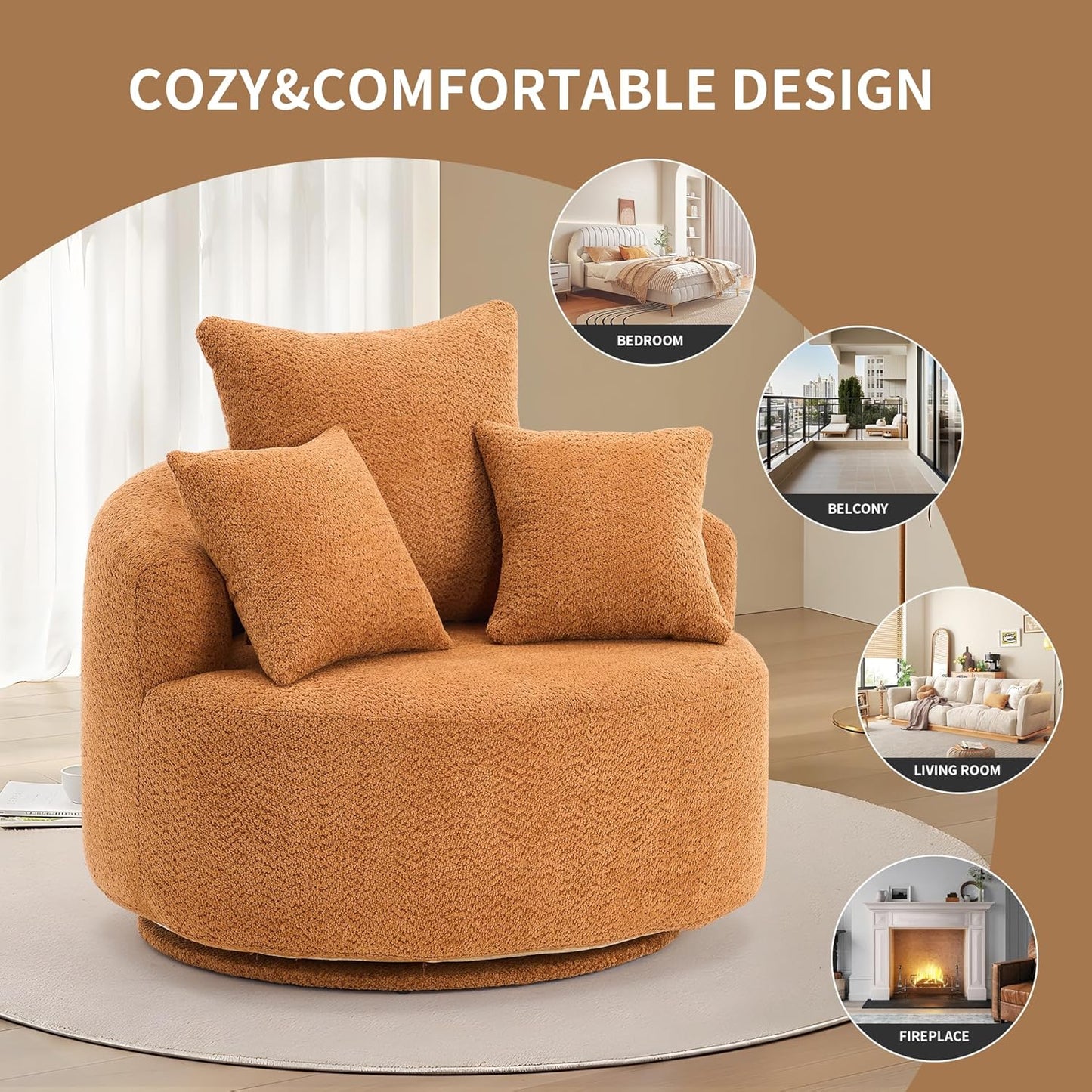 Swivel Accent Barrel Chair, 39'' W Round Swivel Accent Chair 360 Degree, Modern Comfy Single Sofa for Living Room, Bedroom, Orange