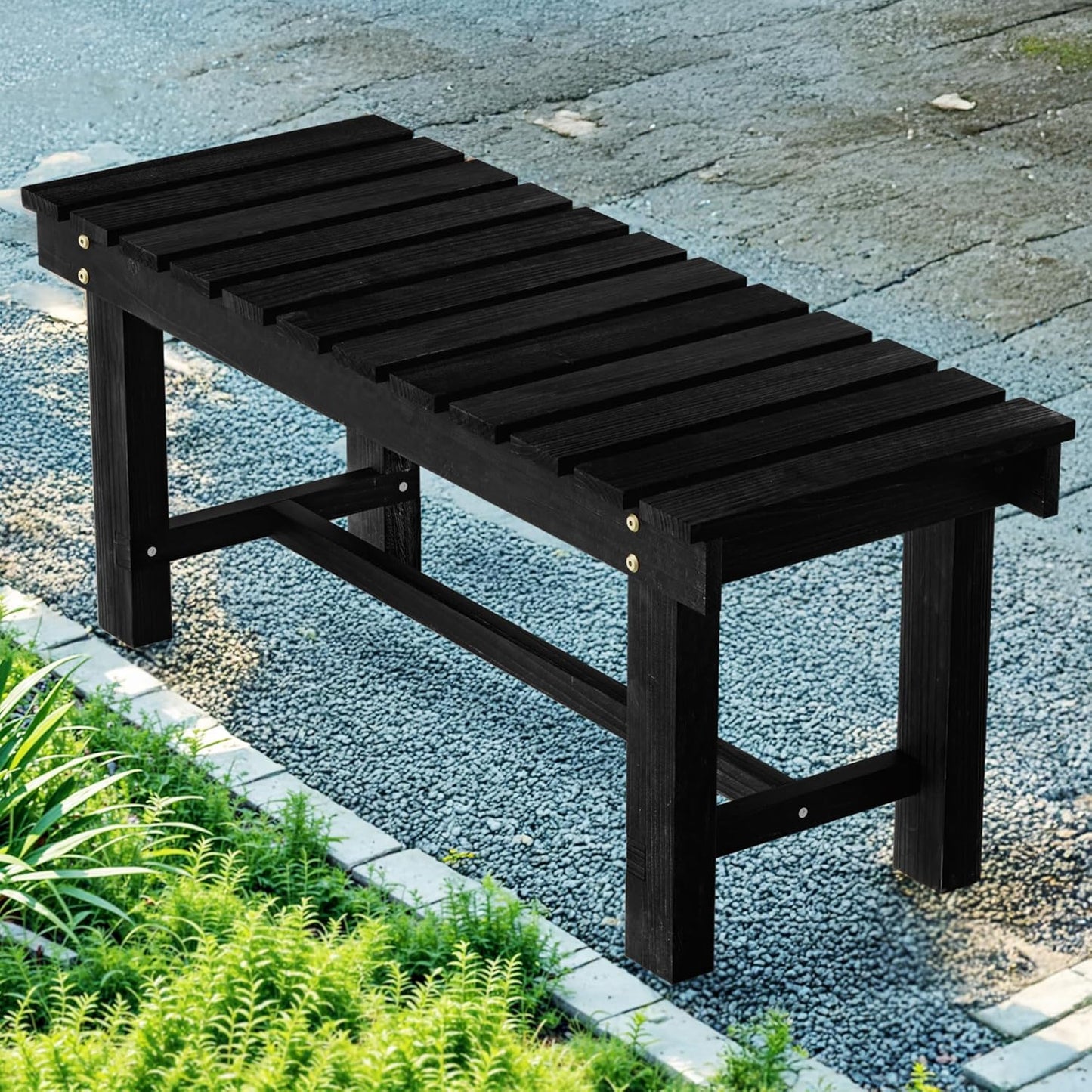 35.5" Outdoor Garden Bench, Weatherproof Patio Benches 2-Person Seat Backless Wooden Porch Bench, Multifunctional Slat All Weather Bench for Garden Lawn Porch Park Backyard (Carbonized Brown)