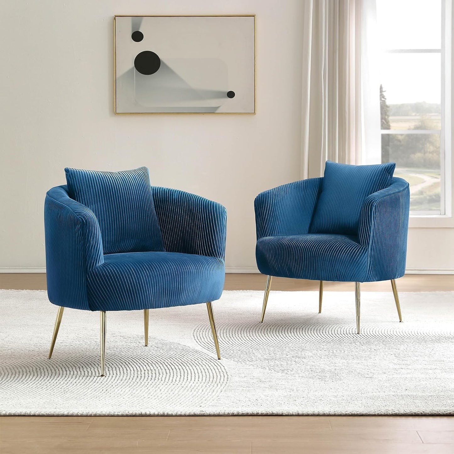 Art Leon Accent Chair Set of 2, Modern Velvet Upholstered Armchairs, Living Room Side Chairs Barrel Chairs with Golden Metal Legs, Off White