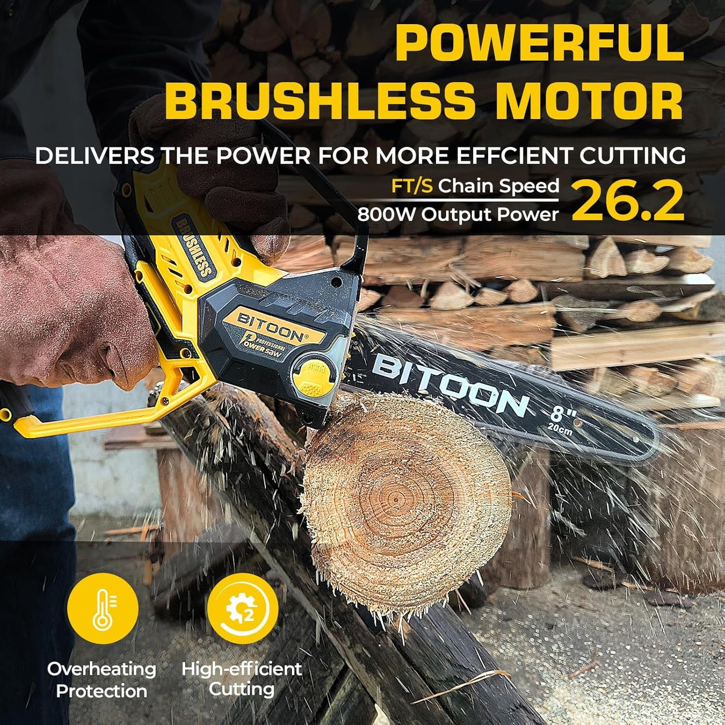 BITOON 8-Inch Mini Chainsaw with 2PCS 3.0Ah Battery and Charger, Auto-Oiler, Brushless Cordless 8-Inch and 6-Inch 2-in-1 Pruning Chain Saw, Portable Electric Chainsaw for Cutting Wood, Branches Yellow