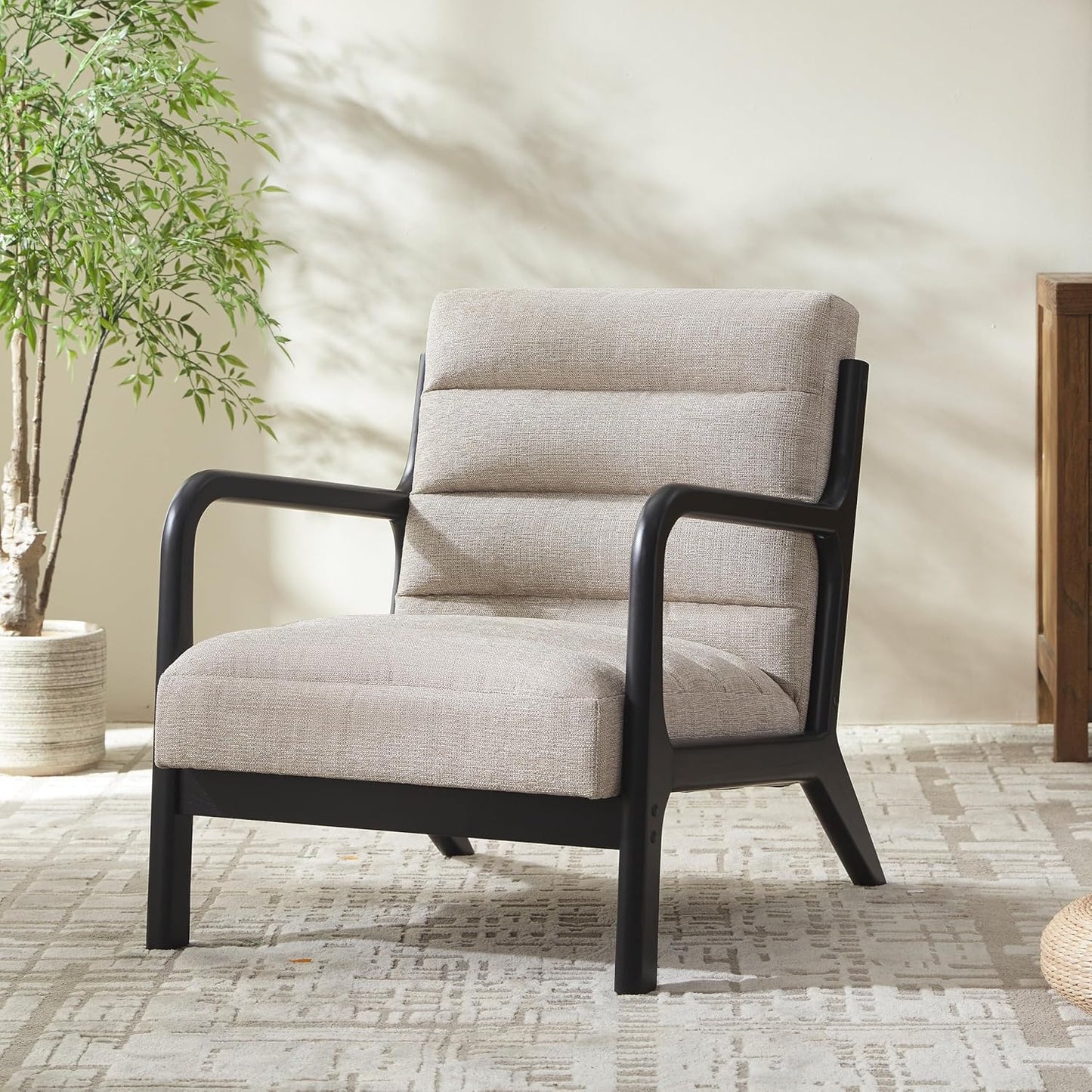 VKNOW Accent Chairs with Rubberwood Frame Accent Chairs Set of 2, Mid-Century Modern Upholstered Reading Armchair, High Back Lounge Armchair Living Room Chair for Bedroom Reading Room, Light Brown