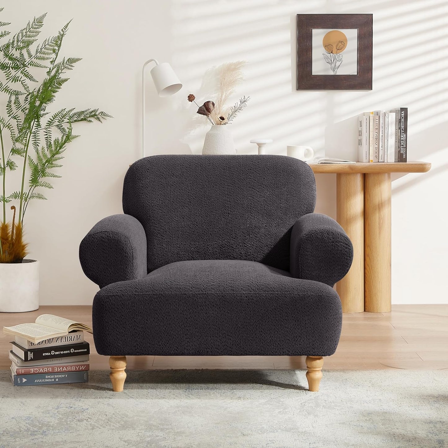 40" W Oversized Accent Chairs, Modern Boucle Armchair with Deep Seat and Wide Arms, Comfy Sherpa Fabric Single Sofa Reading Chair for Living Room, Bedroom, Book Nook, Beige
