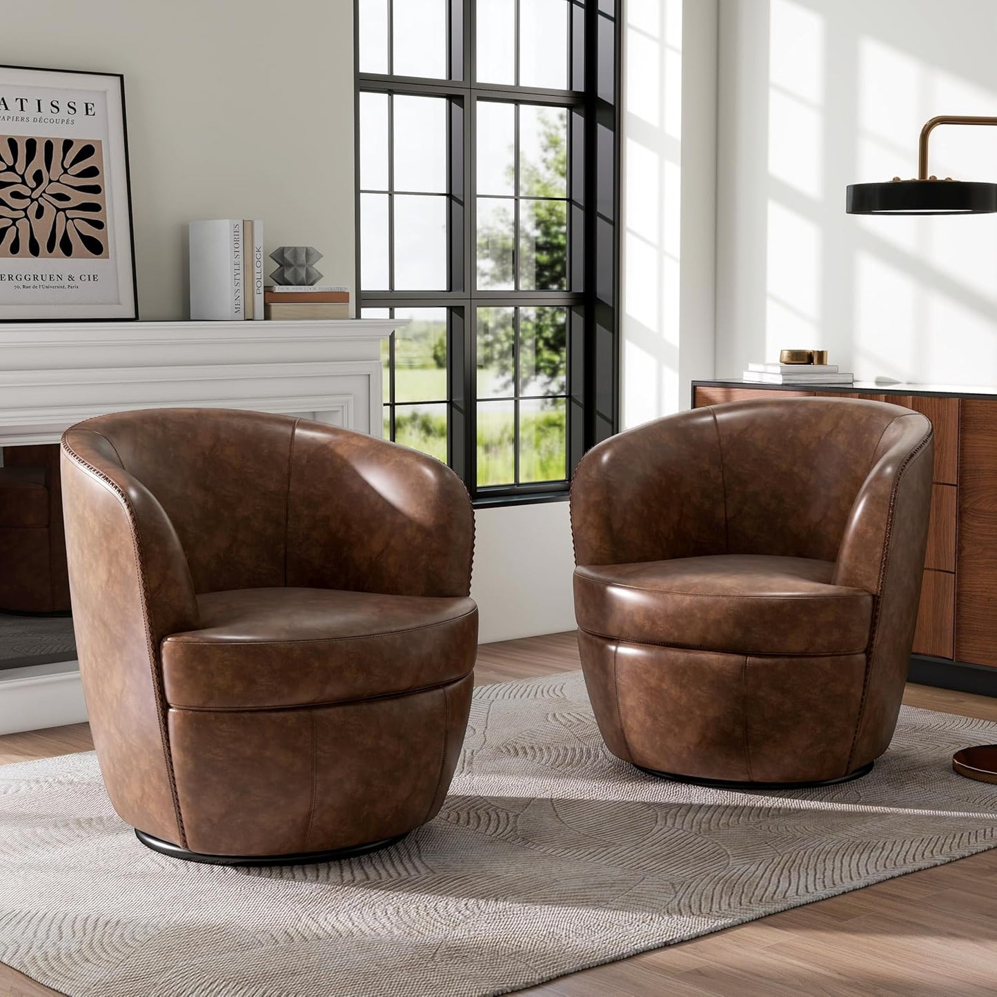 Swivel Barrel Chair, Modern Round PU Leather Accent Armchair for Living Room, Bedroom, Oversized Comfy Club Reading Chairs for Adults (Leather Red Brown, Set of 1)