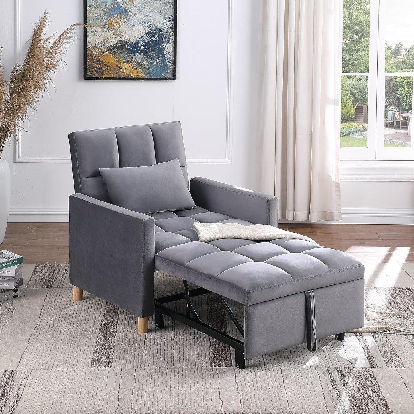 Sleeper Chair Bed Multi-functional Convertible Chair Sleeper Teddy Fabric Adjustable Single Pull Out Sofa Bed with Lumbar for Studio,Dorm, Apartment, Bedroom,Office,Living Room (Beige&Yellow)