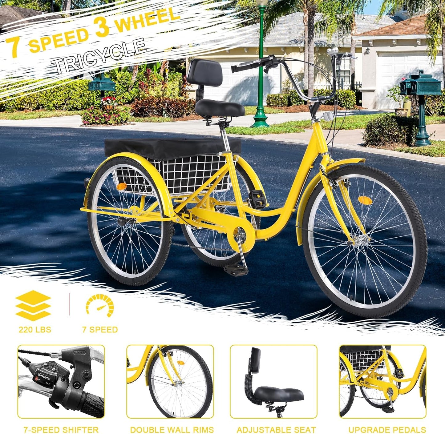 Adult Tricycle Bike 7 Speed, 24/26 Inch 3 Wheel Bikes Tricycle for Adults, Adult Trike for Women/Men/Seniors, Cruiser Bike w/Rear Basket for Shopping/Recreation/Picnic