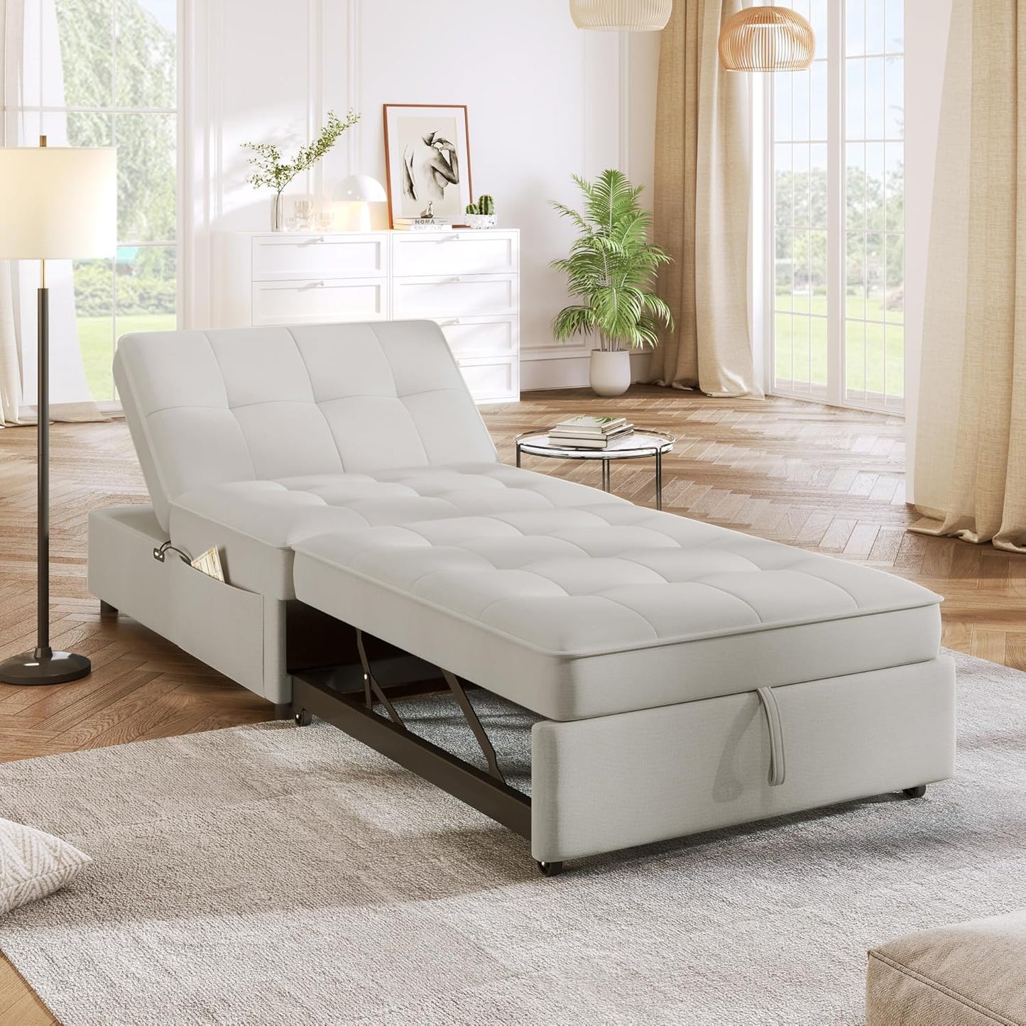 Sleeper Sofa Chair 3-in-1 Convertible, Pullout Sofa Bed with Adjustable Backrest and Thicked Cushions, Linen Fabric Armchair for Living Room, Bedroom, Apartment (White)