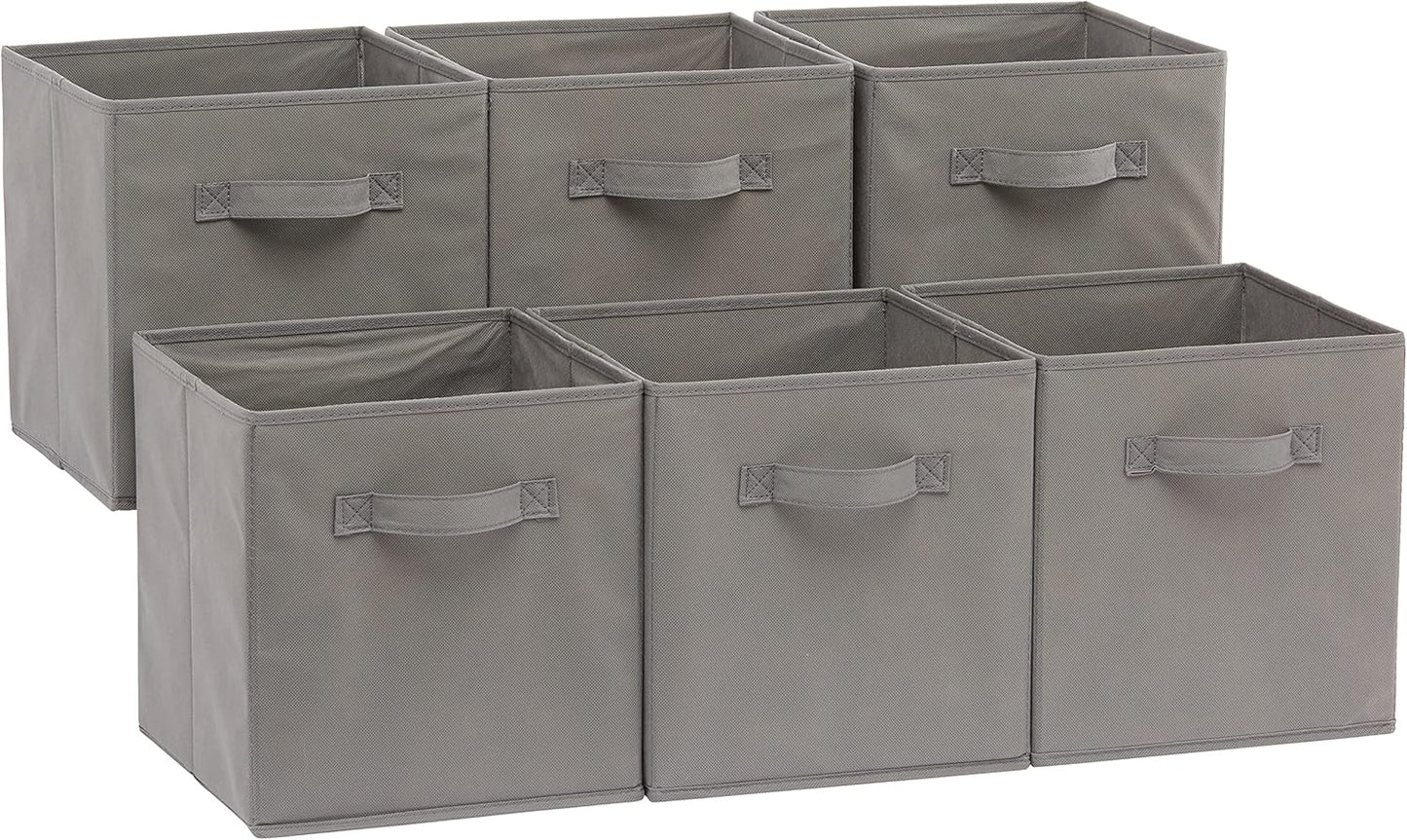 Amazon Basics Collapsible Fabric Storage Cubes Organizer with Handles, Sturdy, Beige, 10.5-x-10.5-x-11-inch, Pack of 6