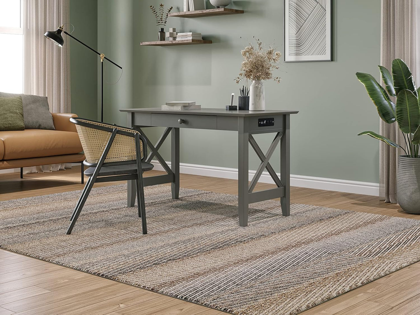 AFI 48" Solid Wood Writing Desk - Sturdy X Design - Home Office Desk with Drawer, Laptop Computer Work Study Table with USB Charger Grey