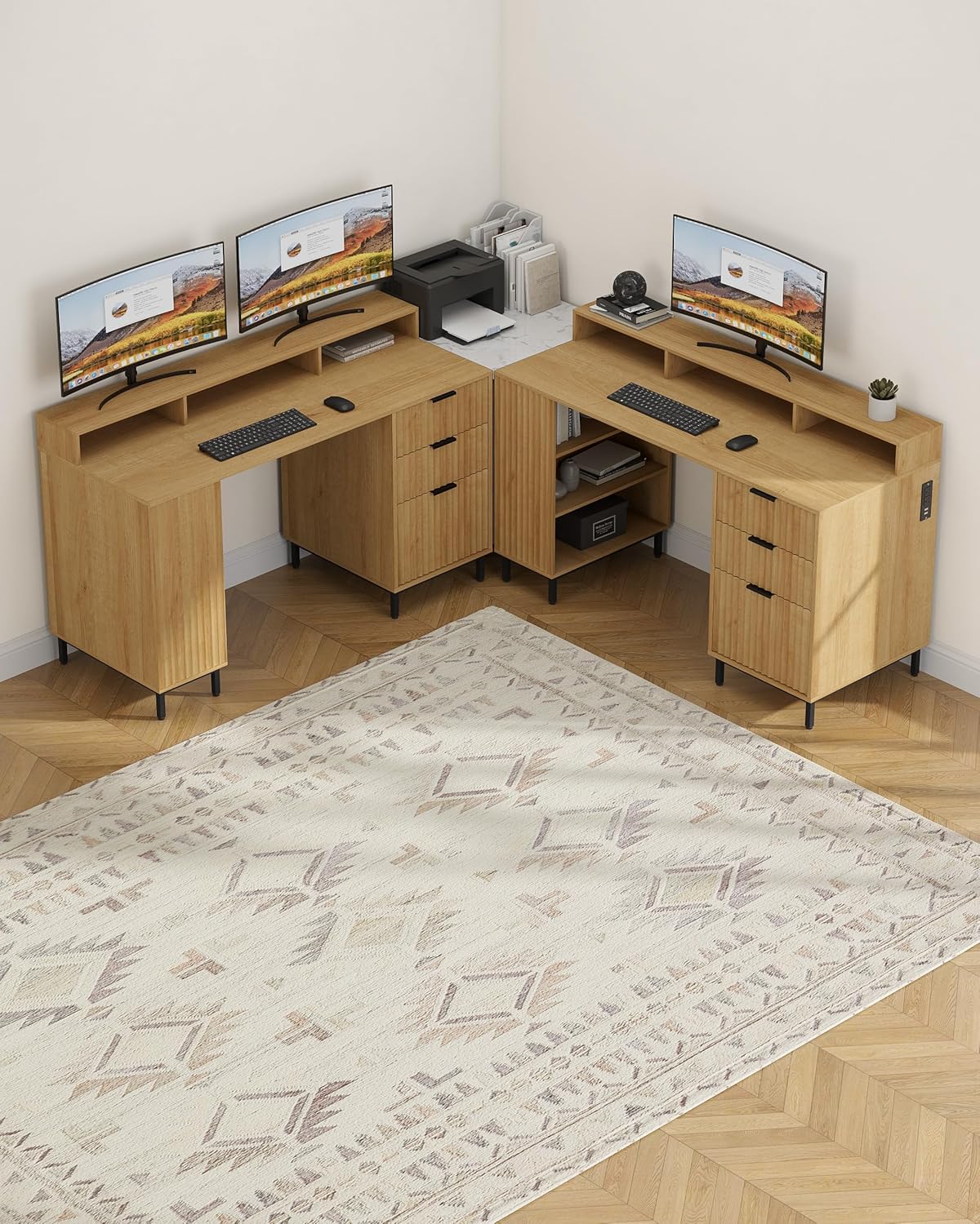 55'' Fluted Executive Desk with Drawers, Modern Home Office Computer Desk with Charging Station, File Drawer, Monitor Stand, Storage Shelf for Work Writing Study, Natural Oak