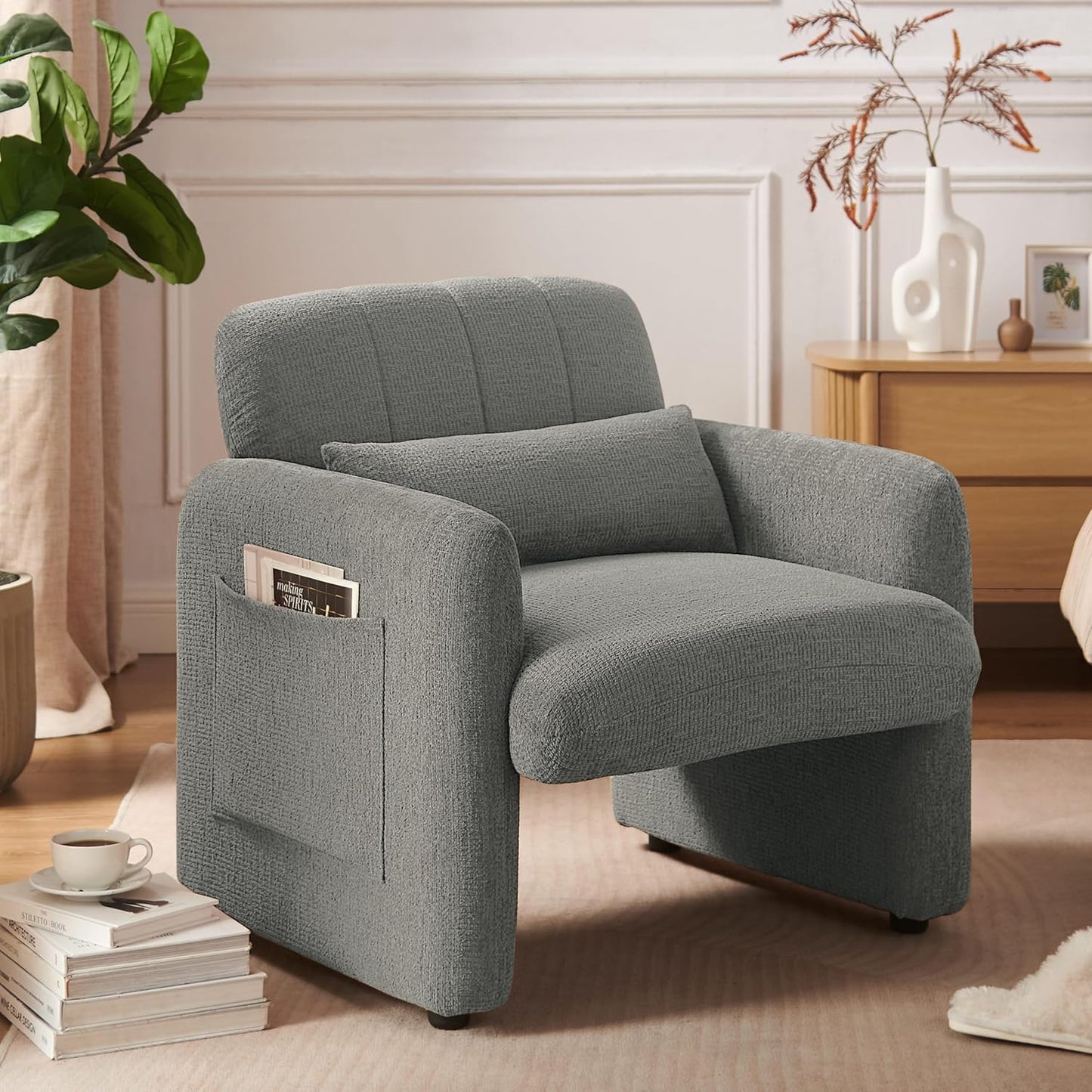 VKNOW Accent Chair Living Room Chair, Modern Fabric Chenille Armed Chair, Comfy Upholstered Armchair with Support Pillow for Living Room Bedroom Office, Light Brown