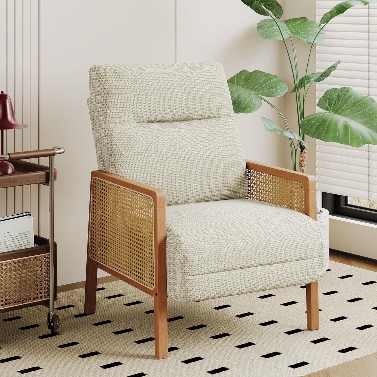 Alunaune Upholstered Natural Rattan Living Room Chairs Accent Chair Armchair Set of 2, Modern Slipper Club Chair Guest Reception Couch Comfy Single Sofa for Reading Bedroom-Taupe