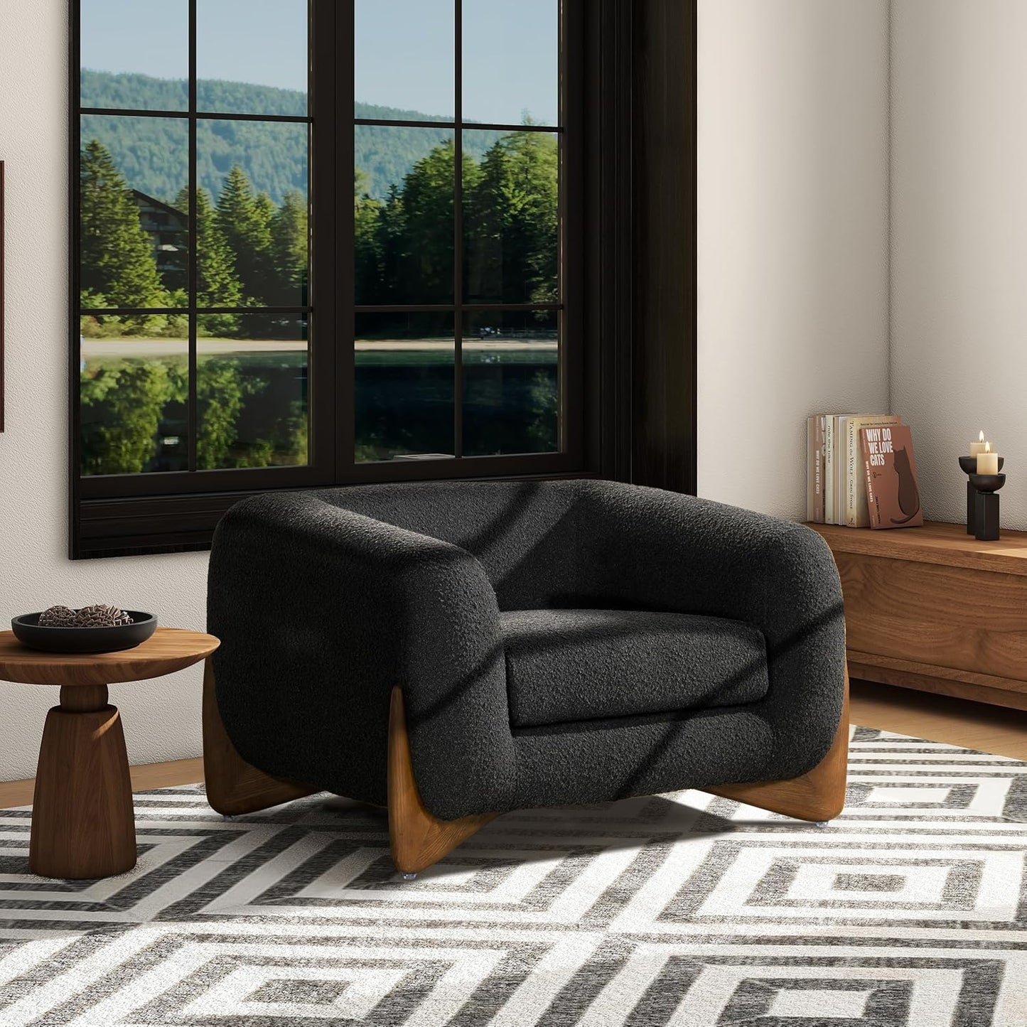 44" Oversized Reading Chair, Sherpa Accent Chair Bedroom, Comfy Upholstered Ivory White Fleeced Teddy Armchair, Seat cushion is removable, Modern Living Room Chair,Single Sofa Chair for Office (White)