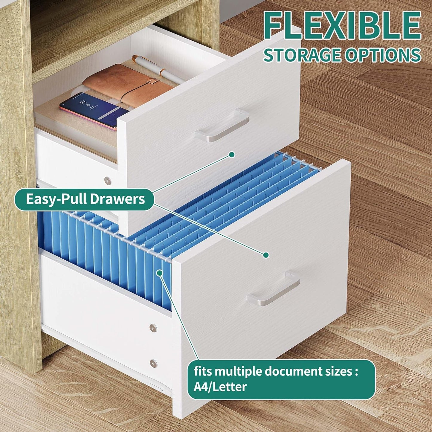 YITAHOME Computer Desk with Drawers, 47.2" Office Desk with Power Outlets & LED Light, Home Office Desk with Storage Shelves, White & Oak