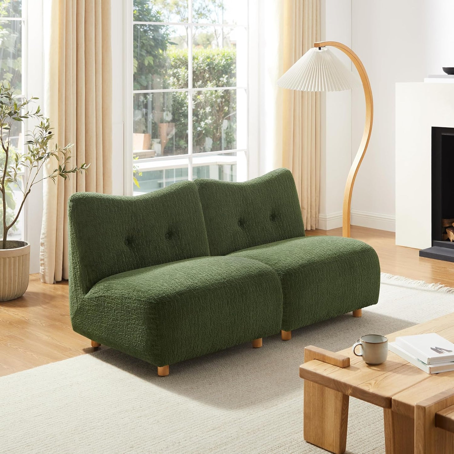 Art Leon Modern Accent Chair - Fabric Modular Sofa Chair Armless Chair with Wooden Legs Set of 2 for Living Room Bedroom Green