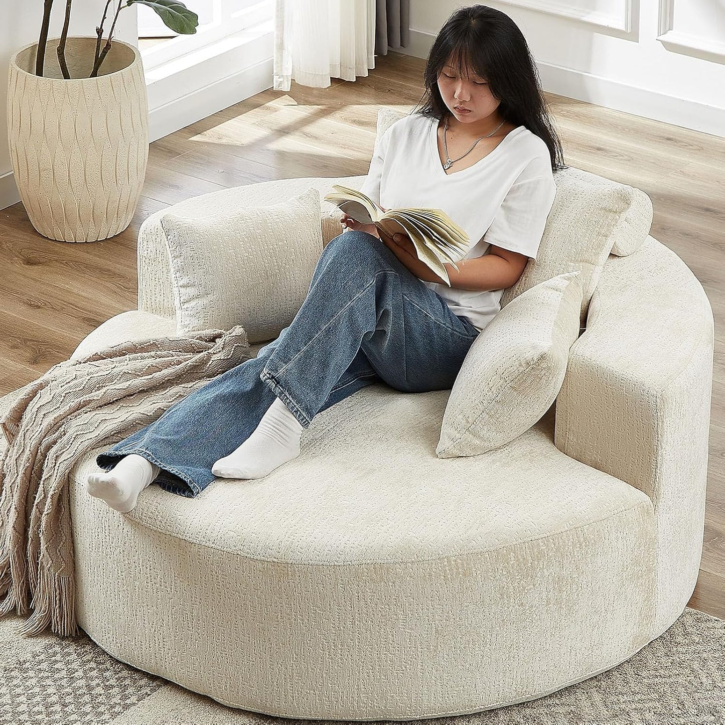 55" L Corduroy Sponge Single Sofa, Oversized Round Chair, Fluffy Modern Sleeper Chairs for Living Room, Lounge and Projection Room, Wide Armrest Lounge Chairs, Armchair with Pillow White
