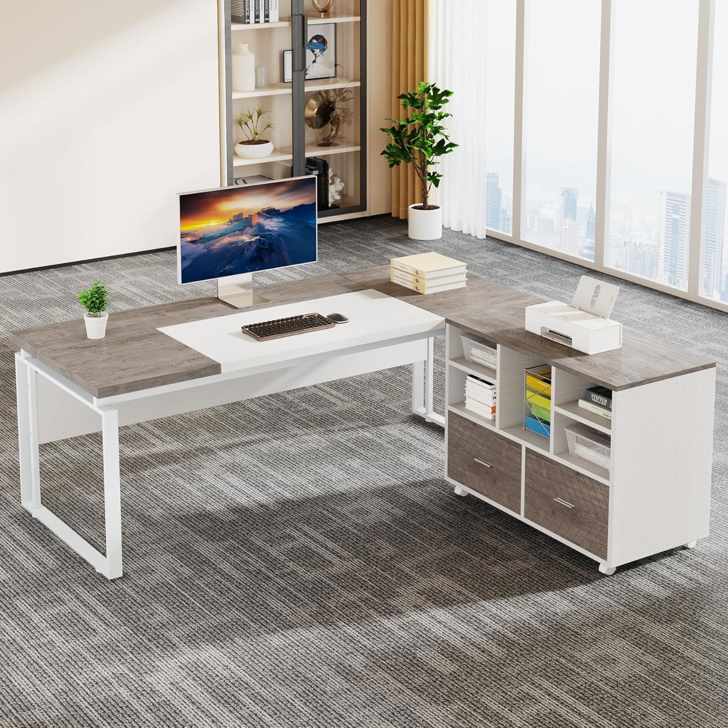 Tribesigns L-Shaped Executive Desk with Reversible File Cabinet, 63" Office Desk with Storage Drawers, L-Shaped Computer Desk with Drawer Cabinet for Hanging Letter Size Files (Walnut & Black)