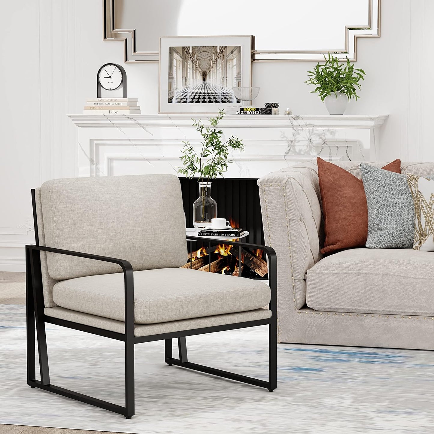 Andeworld Modern Accent Chair Set of 2, Mid Century Living Room Armchair,Upholstered Linen Sofa Side Chair with Metal Legs for Reading,Lounging,Bedroom Apartment, Light Grey 2