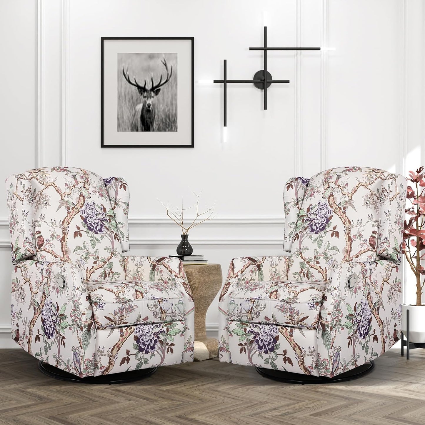 Swivel Rocker Recliner - Printed Modern Wingback Chair for Living Room, Nursery With Adjustable Backrest & Footrest, 360 Degree Swivel, Rocking, Blue Floral