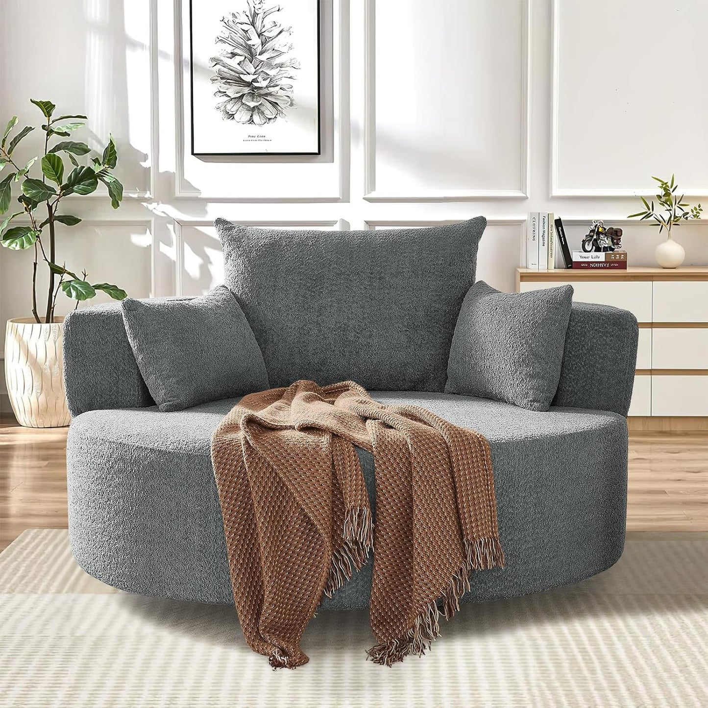 55"W Oversized Round Swivel Accent Barrel Chair,360° Rotating Upholstered Chenille Chaise Lounge Sofa Chair with Wide Armrests&Pillows,Large Modern Comfy Armchair for Living Room,Bedroom,Office(Beige)