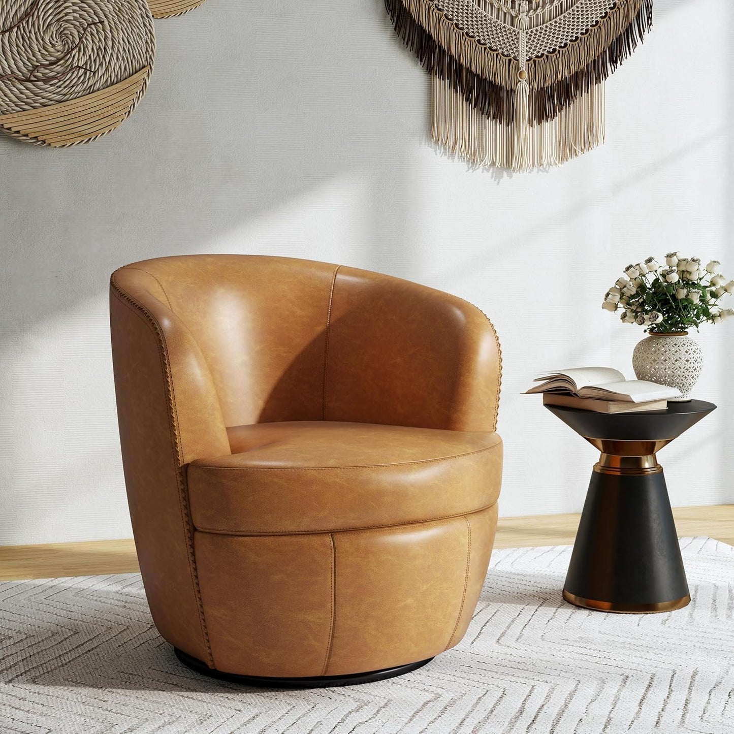 Swivel Barrel Chair, Modern Round PU Leather Accent Armchair for Living Room, Bedroom, Oversized Comfy Club Reading Chairs for Adults (Leather Red Brown, Set of 1)