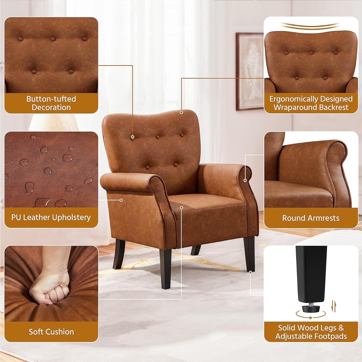 Topeakmart Fabric Accent Chair, Modern PU Leather Armchair with Wooden Legs, High Back and Comfortable Cushioned Seat for Living Room Bedroom Retro Brown 2 Piece