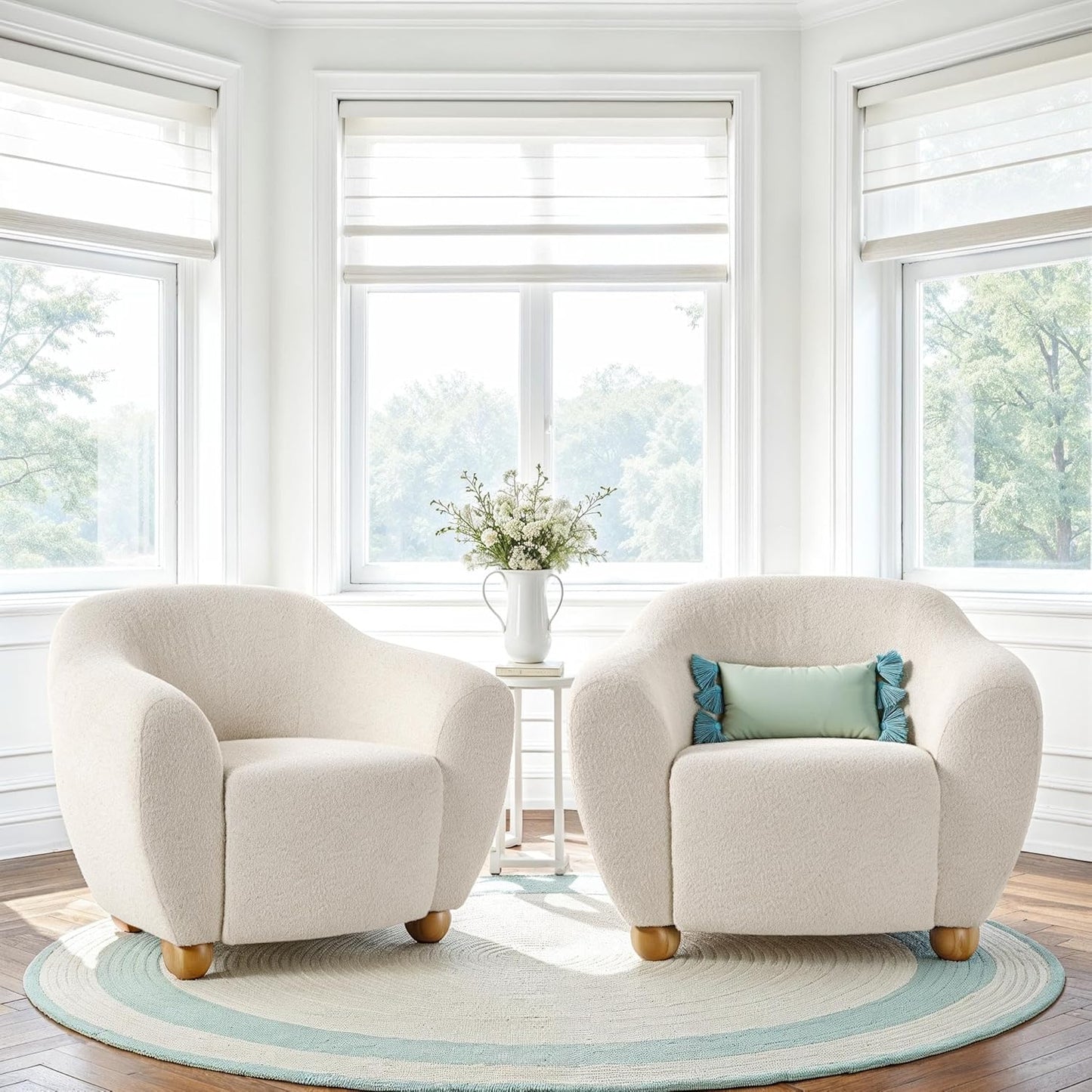 Walker Edison Linley Contemporary Bouclé Accent Chair with Wood Legs, Ivory