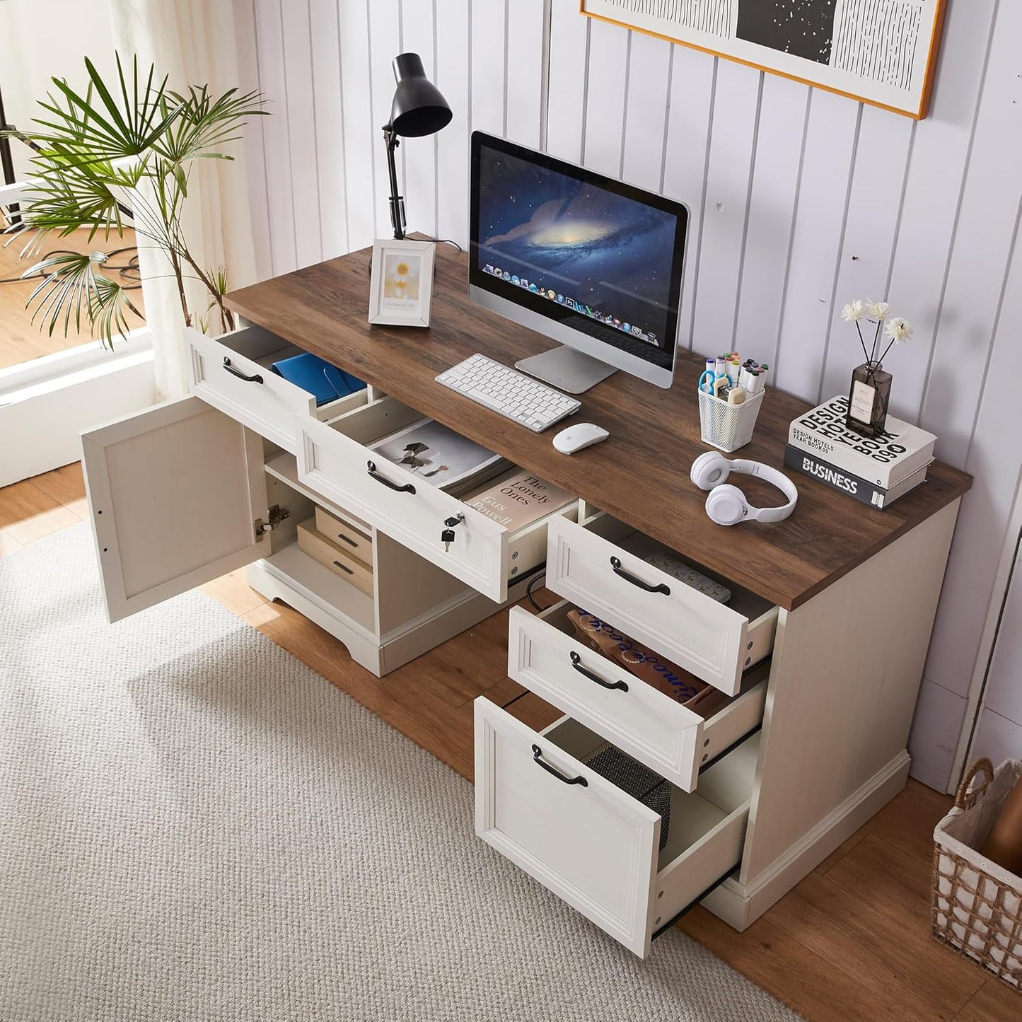 60" Farmhouse Executive Desk with Lock,Home Office Desk with Charging Station,Executive Desk with 4 Drawers & 1 Cabinet&1 File Cabinet for Office and Home