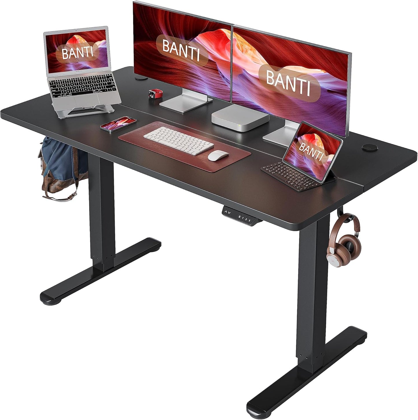 BANTI 55''x24''Height Adjustable Electric Standing Desk, Stand up Table, Sit Stand Home Office Desk with Splice Board, Rustic Brown Top