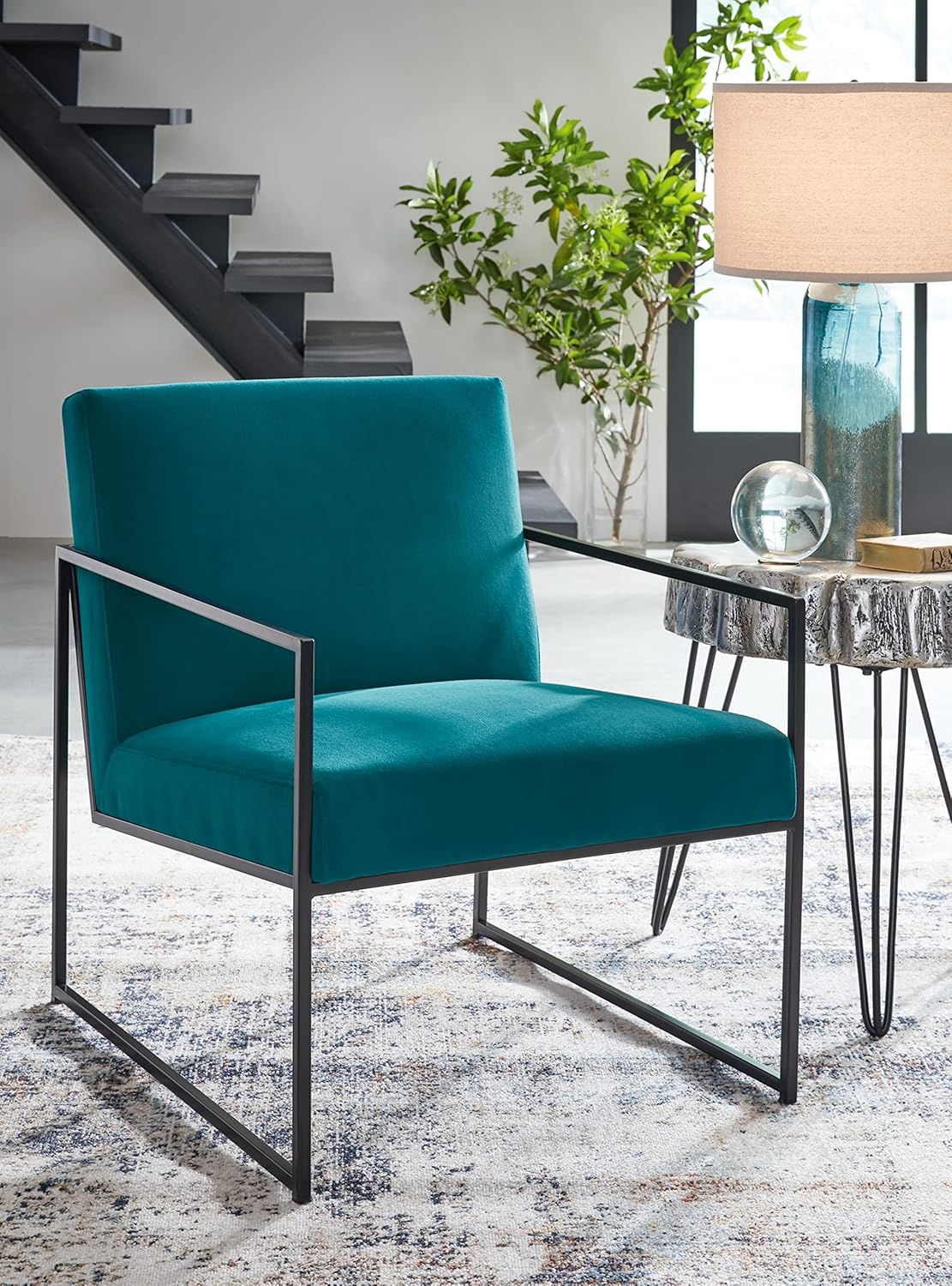 Signature Design by Ashley Aniak Contemporary 17" Velvet Upholstery with Metal Frame Accent Chair, Blue & Black